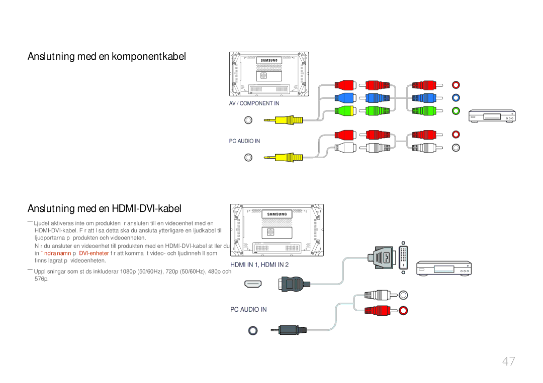 Samsung LH55UDCBLBB/EN, LH46UDCBLBB/EN manual Anslutning med en komponentkabel, Anslutning med en HDMI-DVI-kabel 