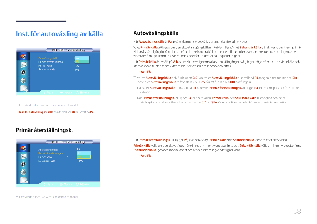 Samsung LH46UDCBLBB/EN, LH55UDCBLBB/EN manual Inst. för autoväxling av källa, Primär återställningsk, Autoväxlingskälla 