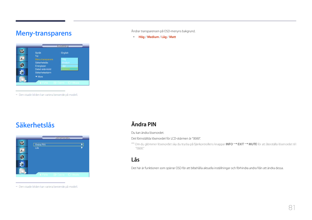 Samsung LH55UDCBLBB/EN, LH46UDCBLBB/EN manual Meny-transparens, Säkerhetslås, Ändra PIN, Lås, Hög / Medium / Låg / Matt 