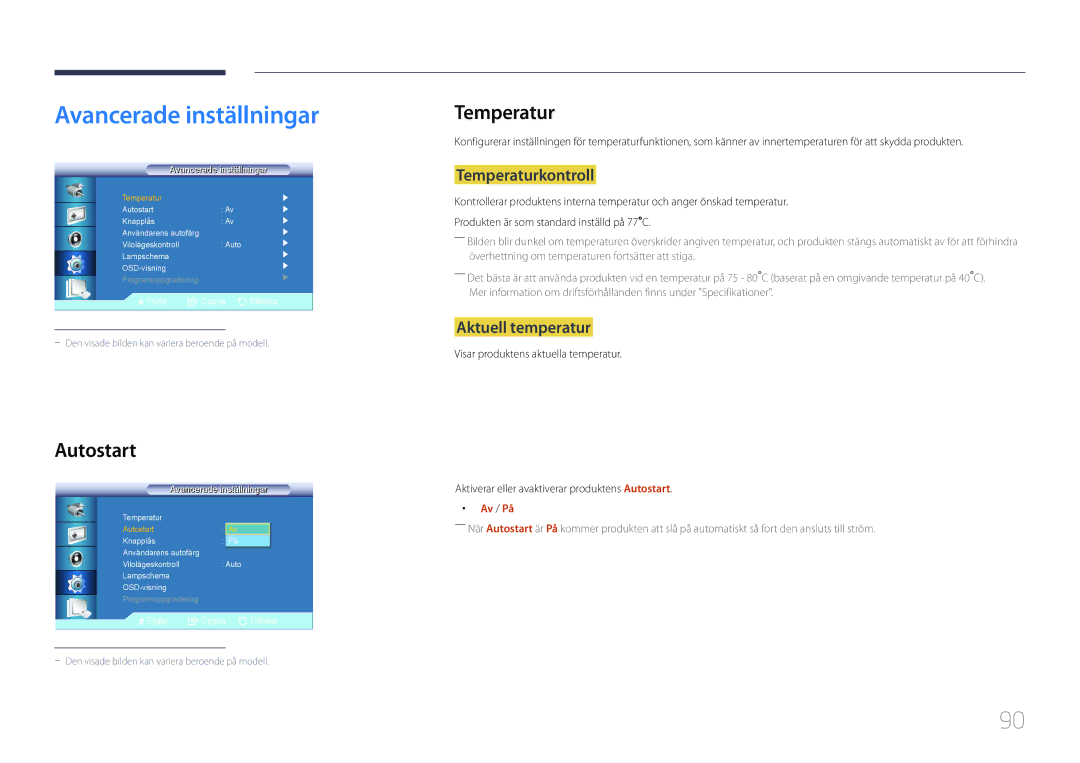 Samsung LH46UDCBLBB/EN, LH55UDCBLBB/EN Avancerade inställningar, Autostart, Temperaturkontroll, Aktuell temperatur 