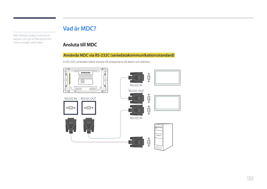 Samsung LH46UDCBLBB/EN manual Vad är MDC?, Ansluta till MDC, Använda MDC via RS-232C seriedatakommunikationsstandard 