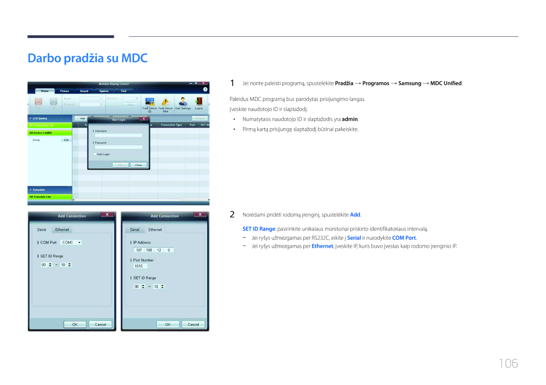 Samsung LH46UDCBLBB/EN, LH55UDCBLBB/EN manual Darbo pradžia su MDC, 106 