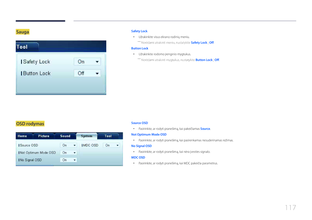 Samsung LH55UDCBLBB/EN, LH46UDCBLBB/EN manual 117, Sauga OSD rodymas 