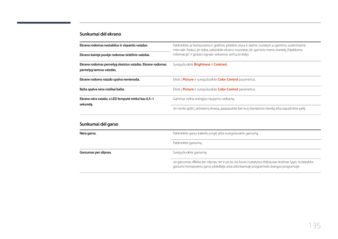 Samsung LH55UDCBLBB/EN, LH46UDCBLBB/EN manual 135, Sunkumai dėl garso 