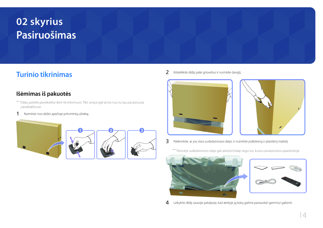 Samsung LH46UDCBLBB/EN, LH55UDCBLBB/EN manual Turinio tikrinimas, Išėmimas iš pakuotės 