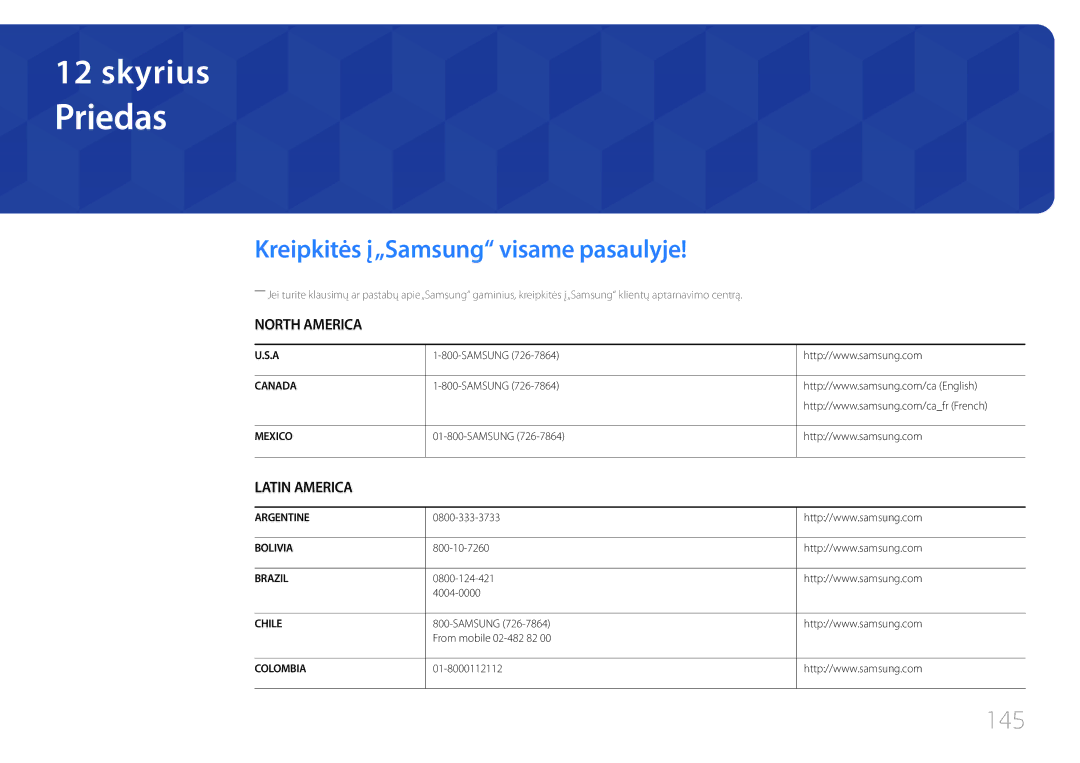 Samsung LH55UDCBLBB/EN, LH46UDCBLBB/EN manual Kreipkitės į„Samsung visame pasaulyje, 145 