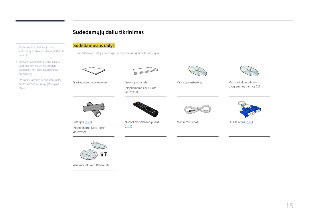 Samsung LH55UDCBLBB/EN, LH46UDCBLBB/EN manual Sudedamųjų dalių tikrinimas, Sudedamosios dalys, Neprieinama kai kuriose 