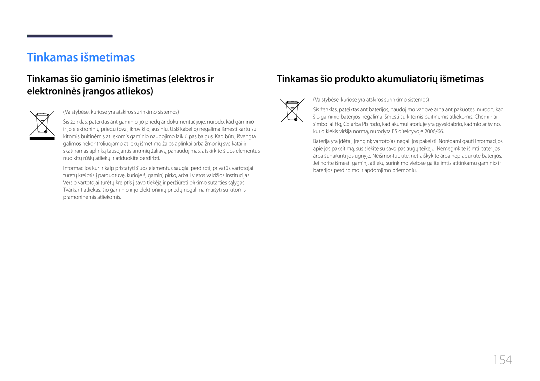 Samsung LH46UDCBLBB/EN, LH55UDCBLBB/EN manual Tinkamas išmetimas, 154, Tinkamas šio produkto akumuliatorių išmetimas 