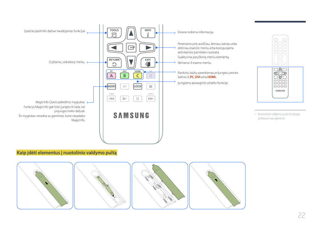 Samsung LH46UDCBLBB/EN, LH55UDCBLBB/EN manual Kaip įdėti elementus į nuotolinio valdymo pultą, Ekrane rodoma informacija 