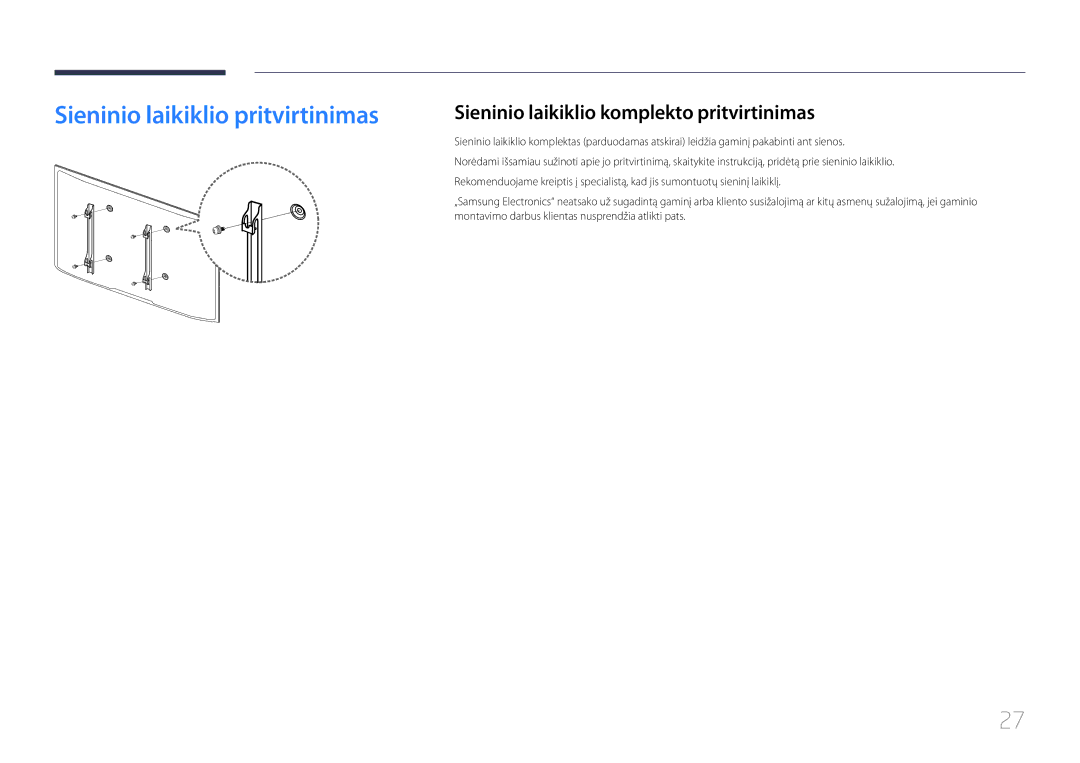 Samsung LH55UDCBLBB/EN, LH46UDCBLBB/EN manual Sieninio laikiklio pritvirtinimas, Sieninio laikiklio komplekto pritvirtinimas 