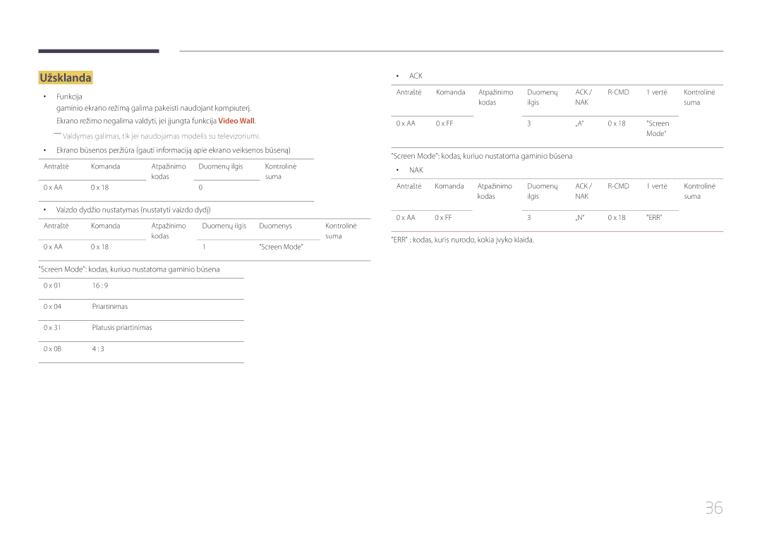 Samsung LH46UDCBLBB/EN, LH55UDCBLBB/EN manual Užsklanda, Funkcija, Vaizdo dydžio nustatymas nustatyti vaizdo dydį 