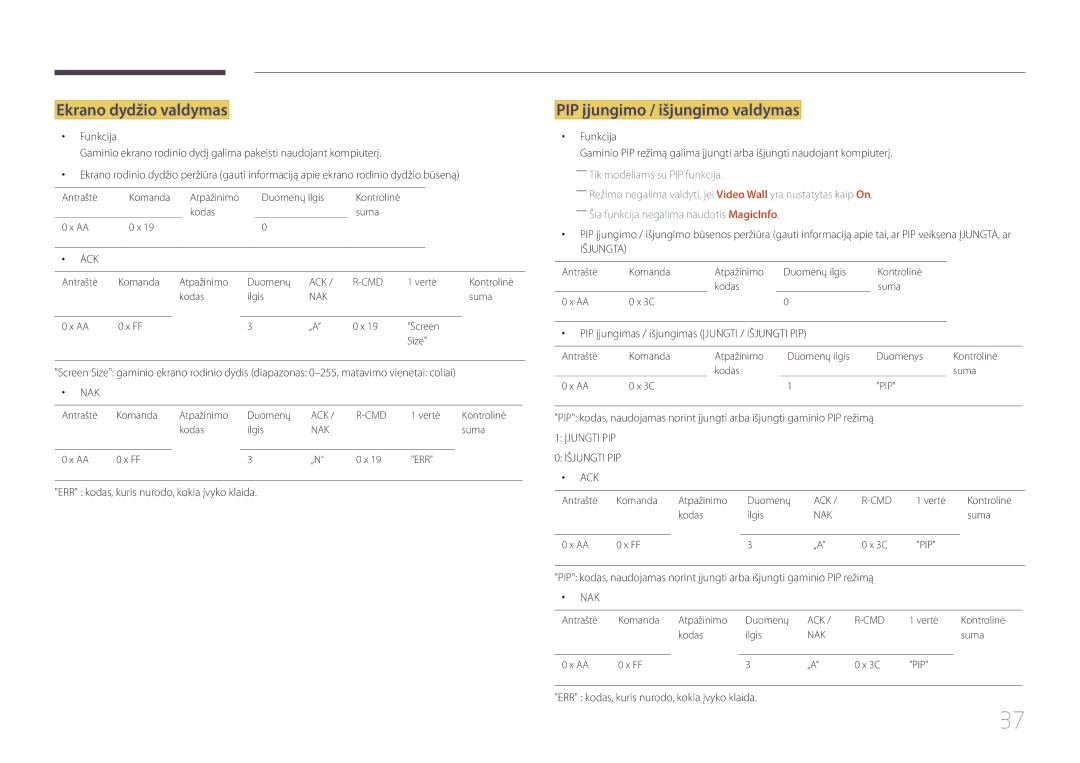 Samsung LH55UDCBLBB/EN, LH46UDCBLBB/EN manual Ekrano dydžio valdymas, PIP įjungimo / išjungimo valdymas 