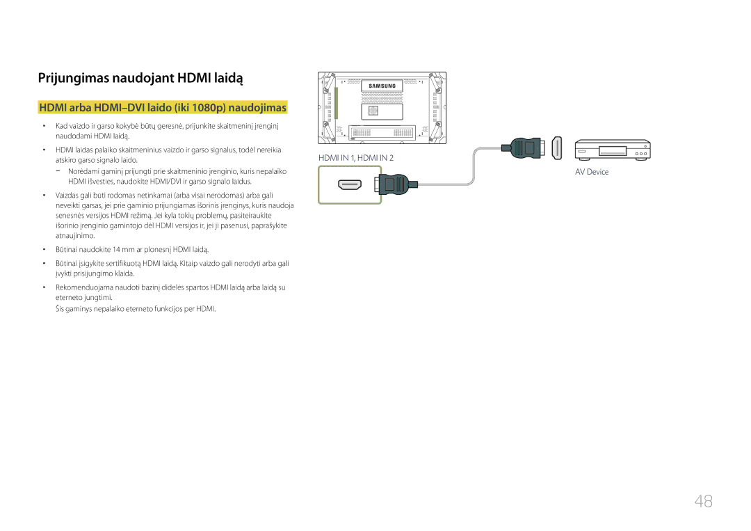 Samsung LH46UDCBLBB/EN, LH55UDCBLBB/EN manual Hdmi arba HDMI-DVI laido iki 1080p naudojimas, Atskiro garso signalo laido 