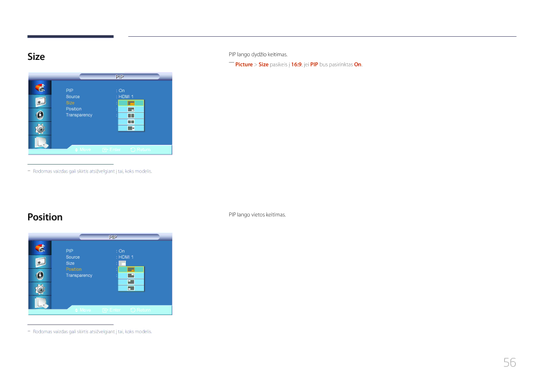 Samsung LH46UDCBLBB/EN, LH55UDCBLBB/EN manual Size, Position, PIP lango dydžio keitimas, PIP lango vietos keitimas 