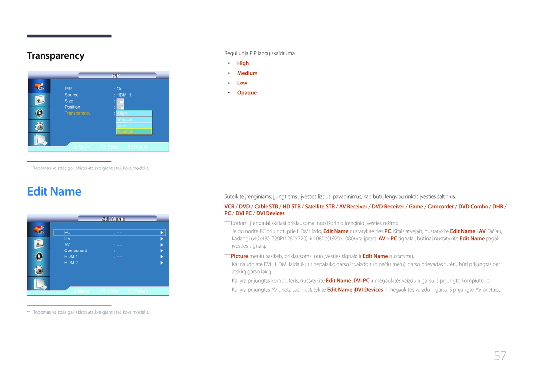 Samsung LH55UDCBLBB/EN, LH46UDCBLBB/EN manual Edit Name, Transparency, Reguliuoja PIP langų skaidrumą, High, Low 