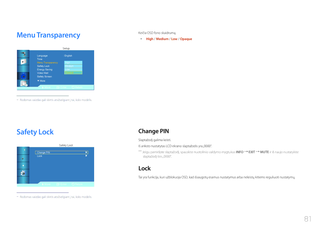 Samsung LH55UDCBLBB/EN, LH46UDCBLBB/EN manual Menu Transparency, Safety Lock, Change PIN, High / Medium / Low / Opaque 