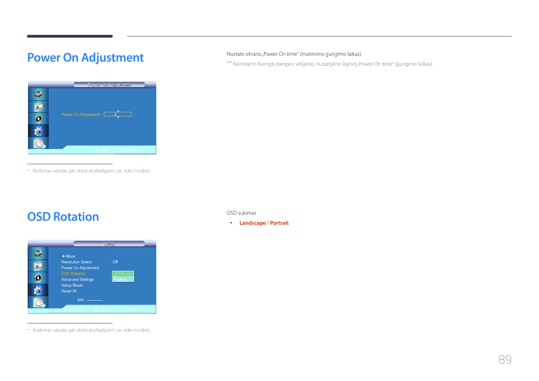Samsung LH55UDCBLBB/EN manual Power On Adjustment, OSD Rotation, Nustato ekrano „Power On time maitinimo įjungimo laikas 
