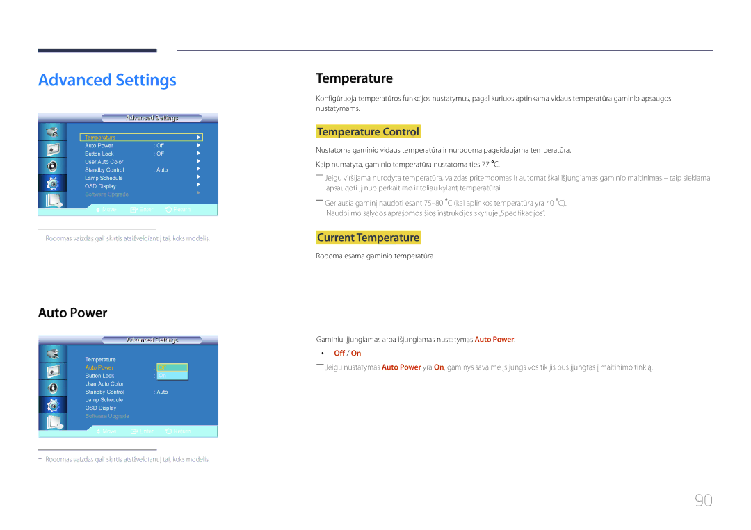 Samsung LH46UDCBLBB/EN, LH55UDCBLBB/EN manual Advanced Settings, Auto Power, Temperature Control, Current Temperature 