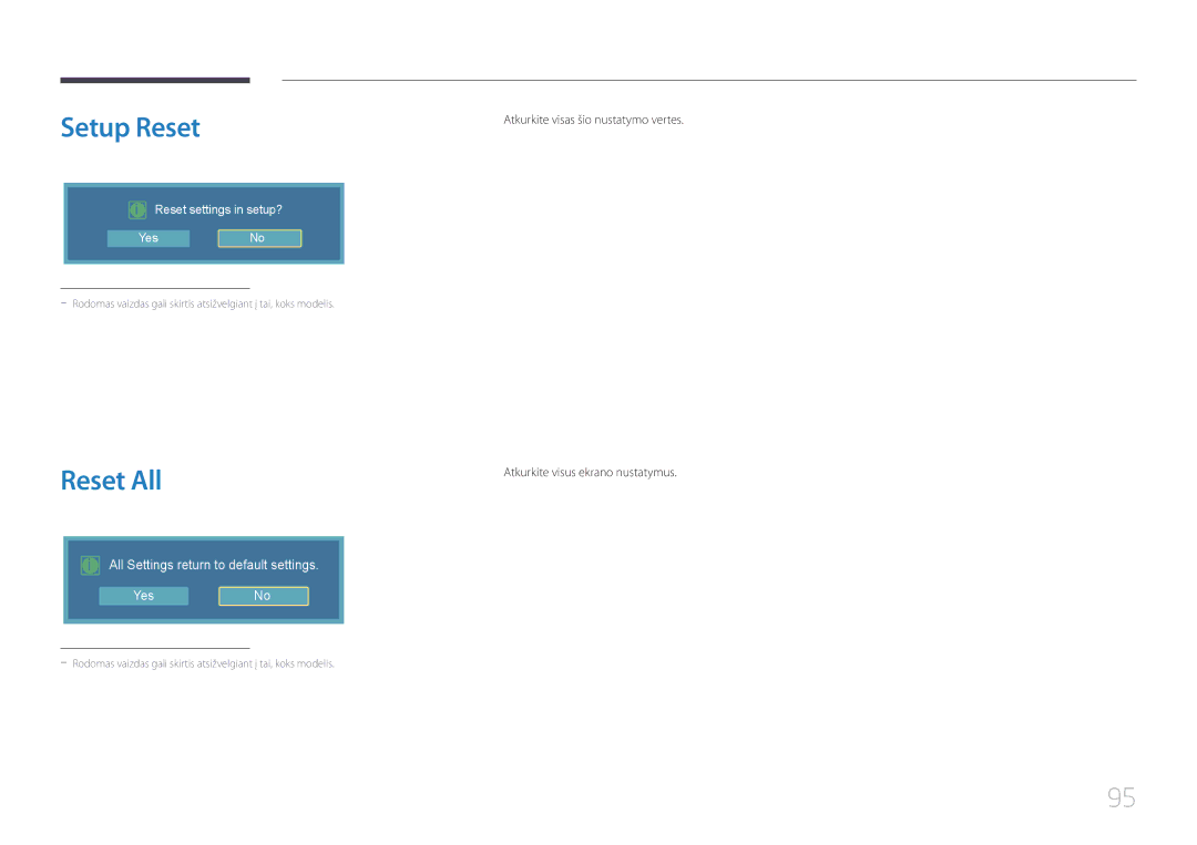 Samsung LH55UDCBLBB/EN Setup Reset, Reset All, Atkurkite visas šio nustatymo vertes, Atkurkite visus ekrano nustatymus 