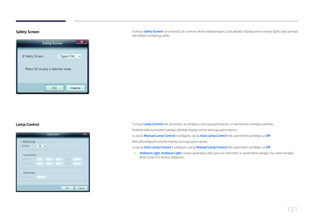 Samsung LH55UDCBLBB/EN, LH46UDCBLBB/EN manual 121, Safety Screen Lamp Control 
