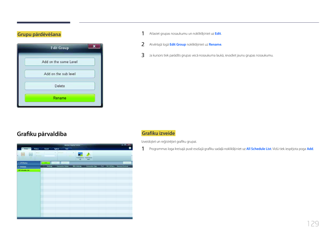 Samsung LH55UDCBLBB/EN, LH46UDCBLBB/EN manual 129, Grafiku pārvaldība, Grupu pārdēvēšana, Grafiku izveide 