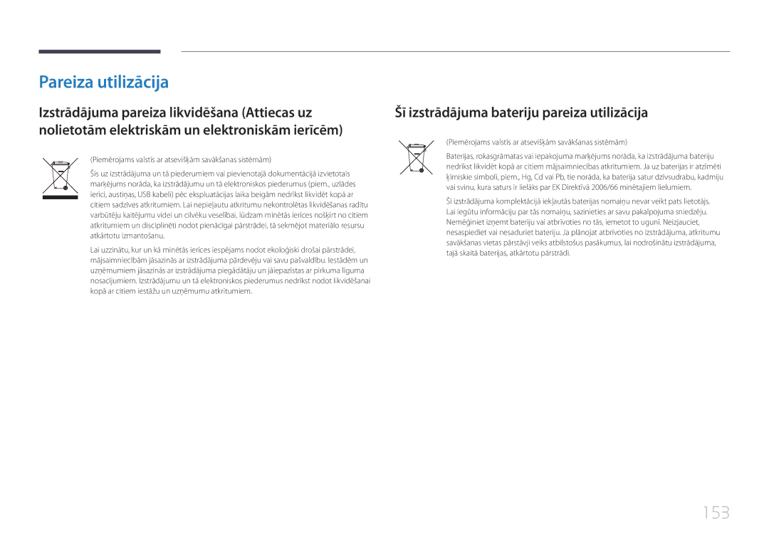 Samsung LH55UDCBLBB/EN, LH46UDCBLBB/EN manual Pareiza utilizācija, 153, Šī izstrādājuma bateriju pareiza utilizācija 