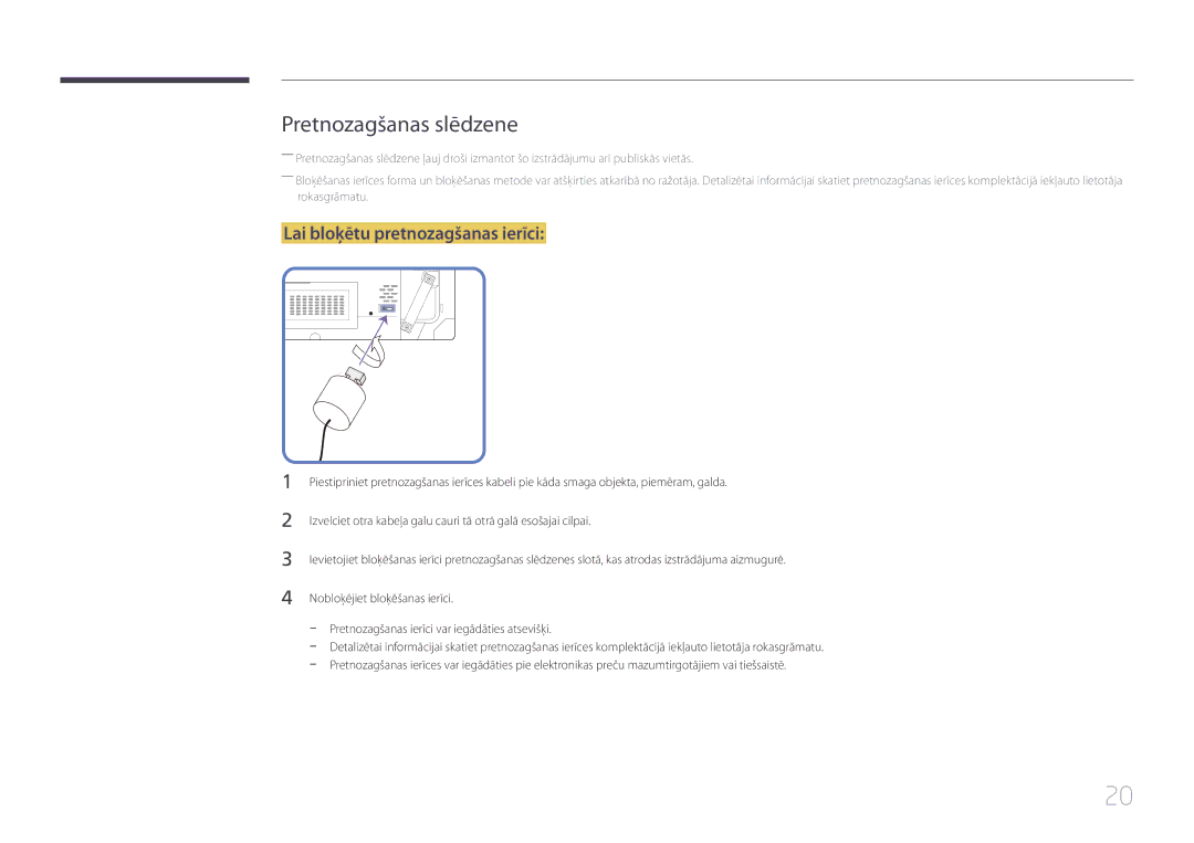 Samsung LH46UDCBLBB/EN, LH55UDCBLBB/EN manual Pretnozagšanas slēdzene, Lai bloķētu pretnozagšanas ierīci 