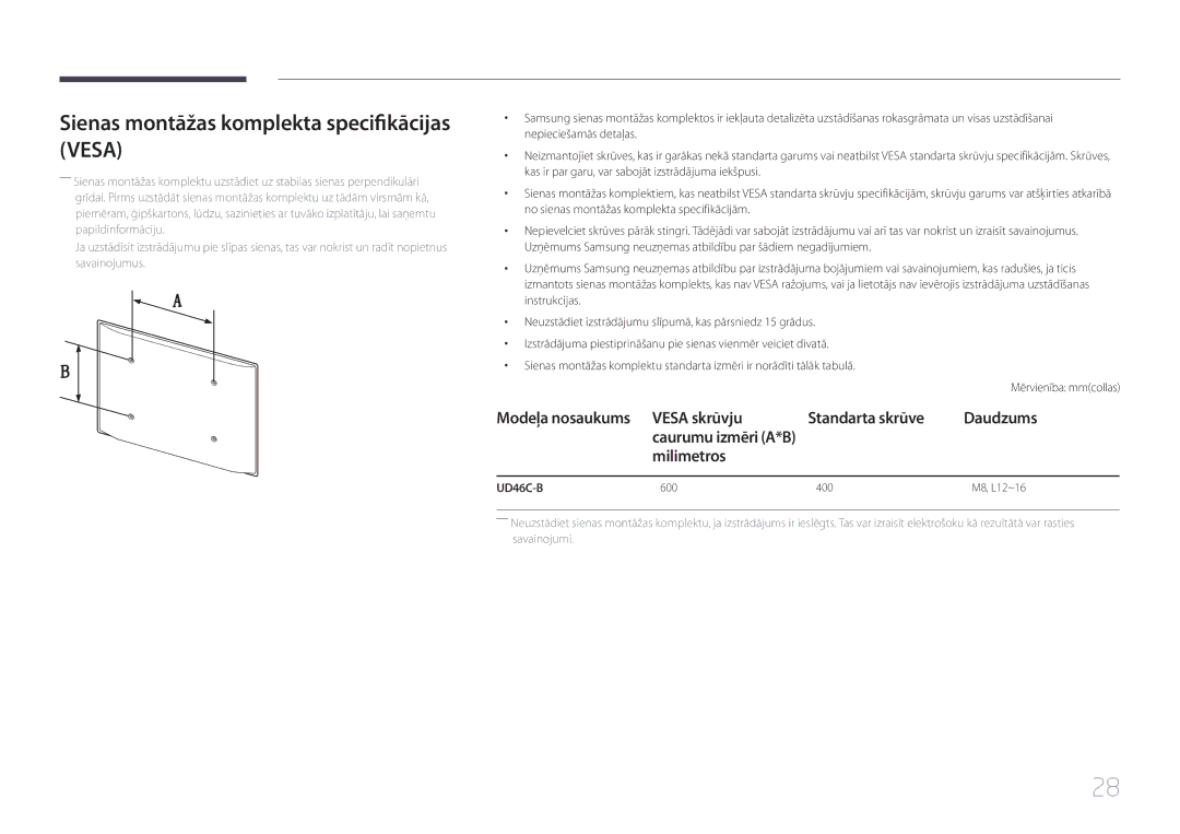 Samsung LH46UDCBLBB/EN, LH55UDCBLBB/EN Sienas montāžas komplekta specifikācijas Vesa, Vesa skrūvju, Milimetros, UD46C-B 