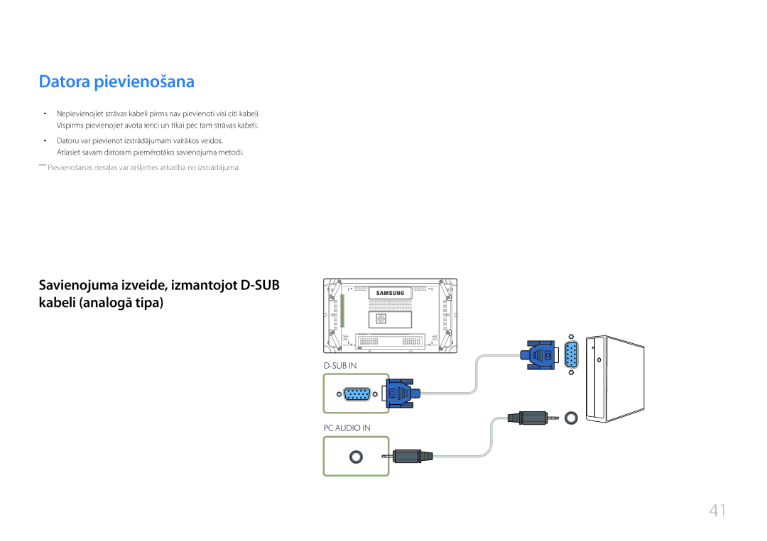 Samsung LH55UDCBLBB/EN, LH46UDCBLBB/EN manual Datora pievienošana, Savienojuma izveide, izmantojot D-SUB kabeli analogā tipa 