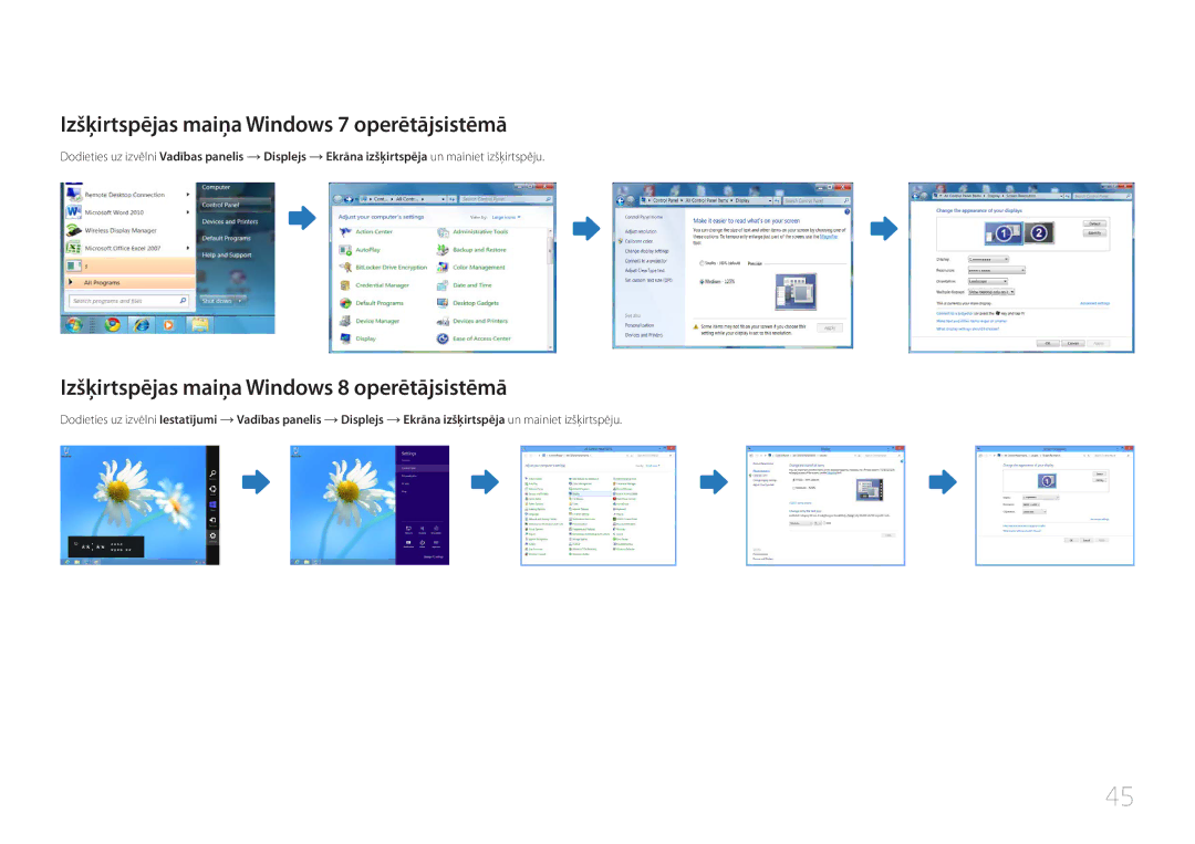 Samsung LH55UDCBLBB/EN manual Izšķirtspējas maiņa Windows 7 operētājsistēmā, Izšķirtspējas maiņa Windows 8 operētājsistēmā 