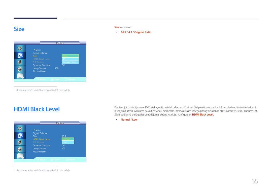 Samsung LH55UDCBLBB/EN, LH46UDCBLBB/EN manual Hdmi Black Level, Size var mainīt, 169 / 43 / Original Ratio, Normal / Low 