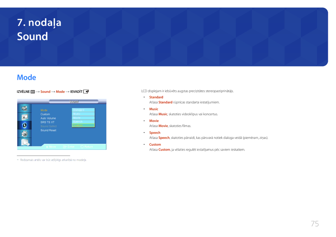 Samsung LH55UDCBLBB/EN, LH46UDCBLBB/EN manual Izvēlne m Sound Mode Ievadīt, Music, Speech 