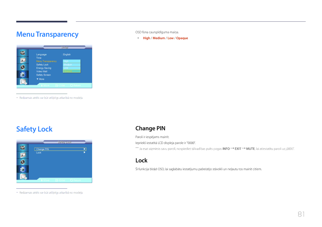 Samsung LH55UDCBLBB/EN, LH46UDCBLBB/EN manual Menu Transparency, Safety Lock, Change PIN, High / Medium / Low / Opaque 