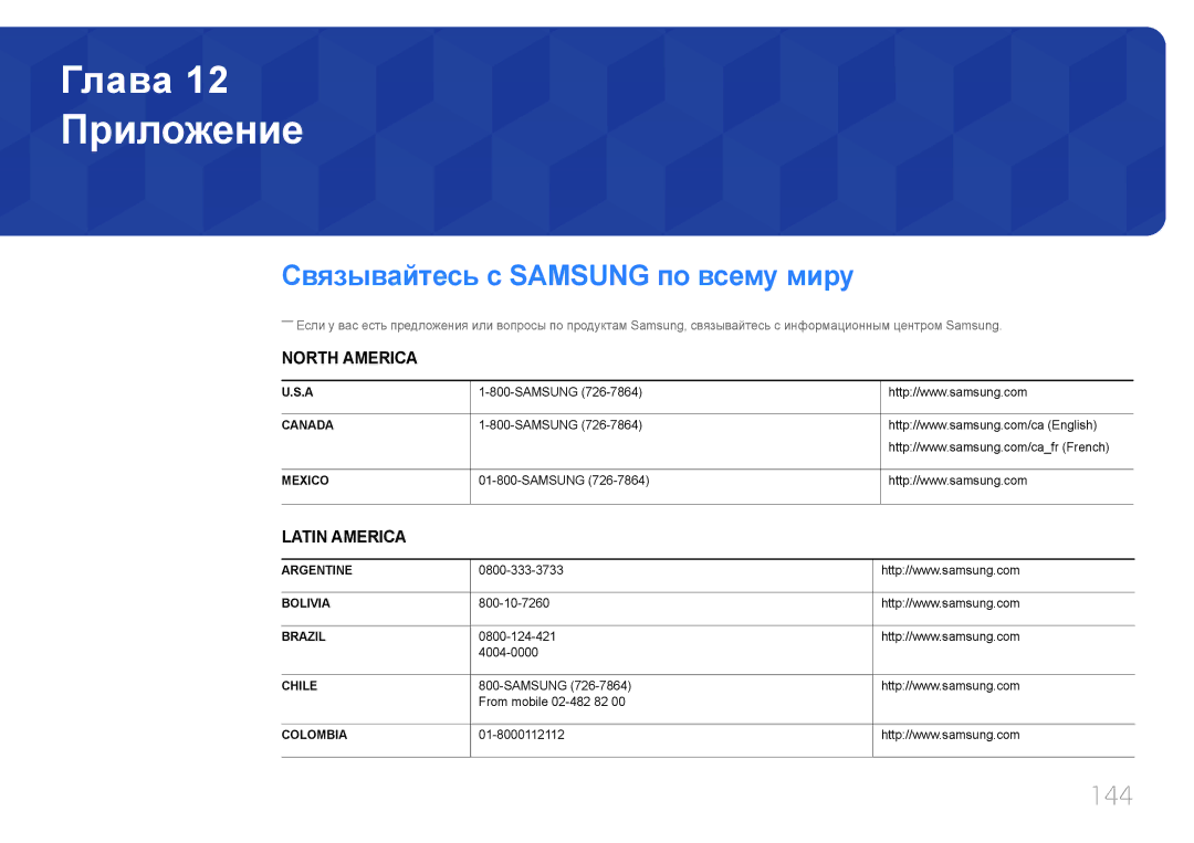 Samsung LH46UDCBLBB/EN, LH55UDCBLBB/EN manual Связывайтесь с Samsung по всему миру, 144 