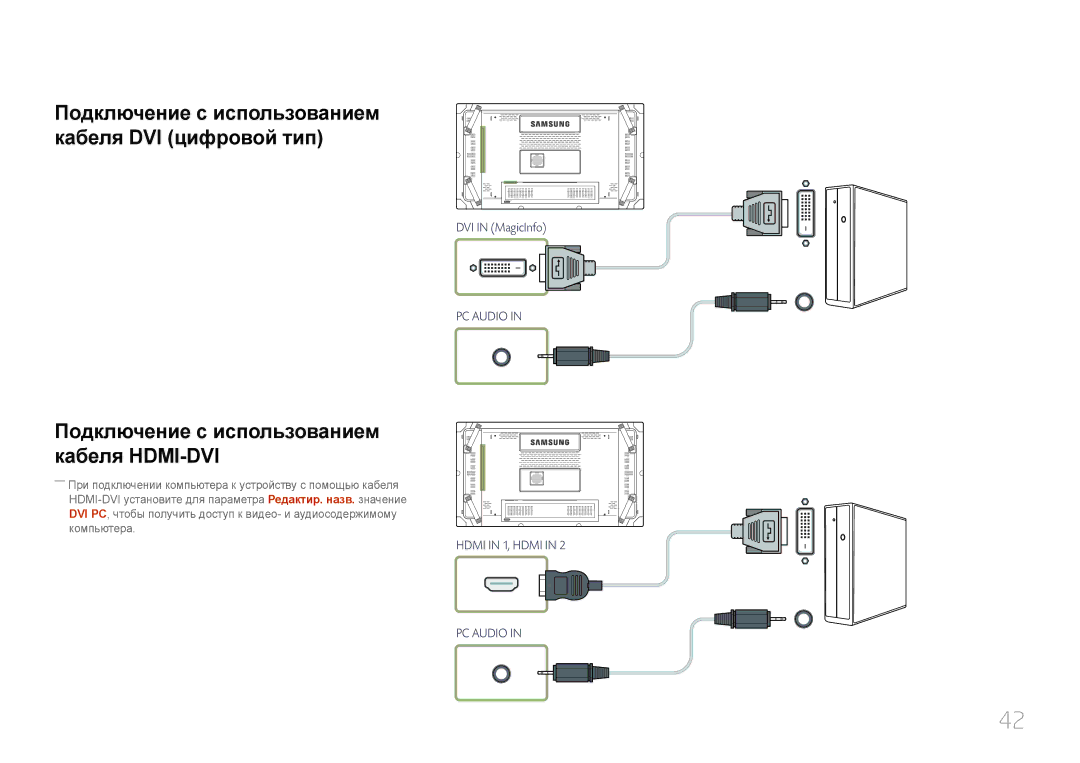 Samsung LH46UDCBLBB/EN, LH55UDCBLBB/EN manual Подключение с использованием кабеля DVI цифровой тип 