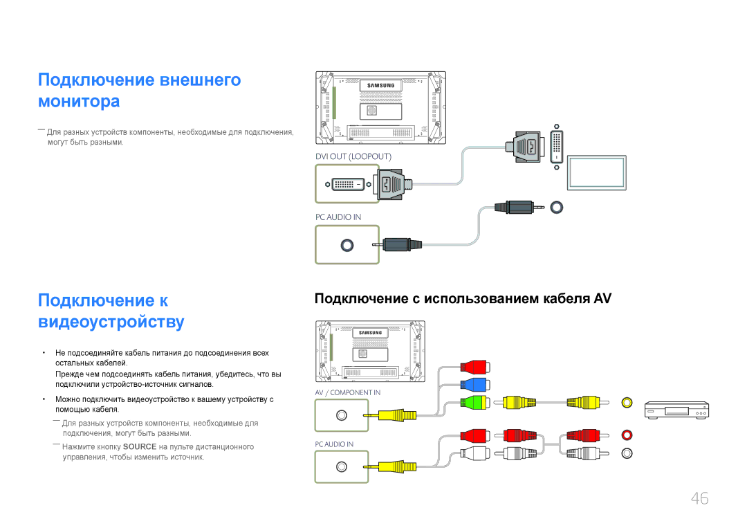 Samsung LH46UDCBLBB/EN, LH55UDCBLBB/EN manual Подключение внешнего монитора, Подключение с использованием кабеля AV 