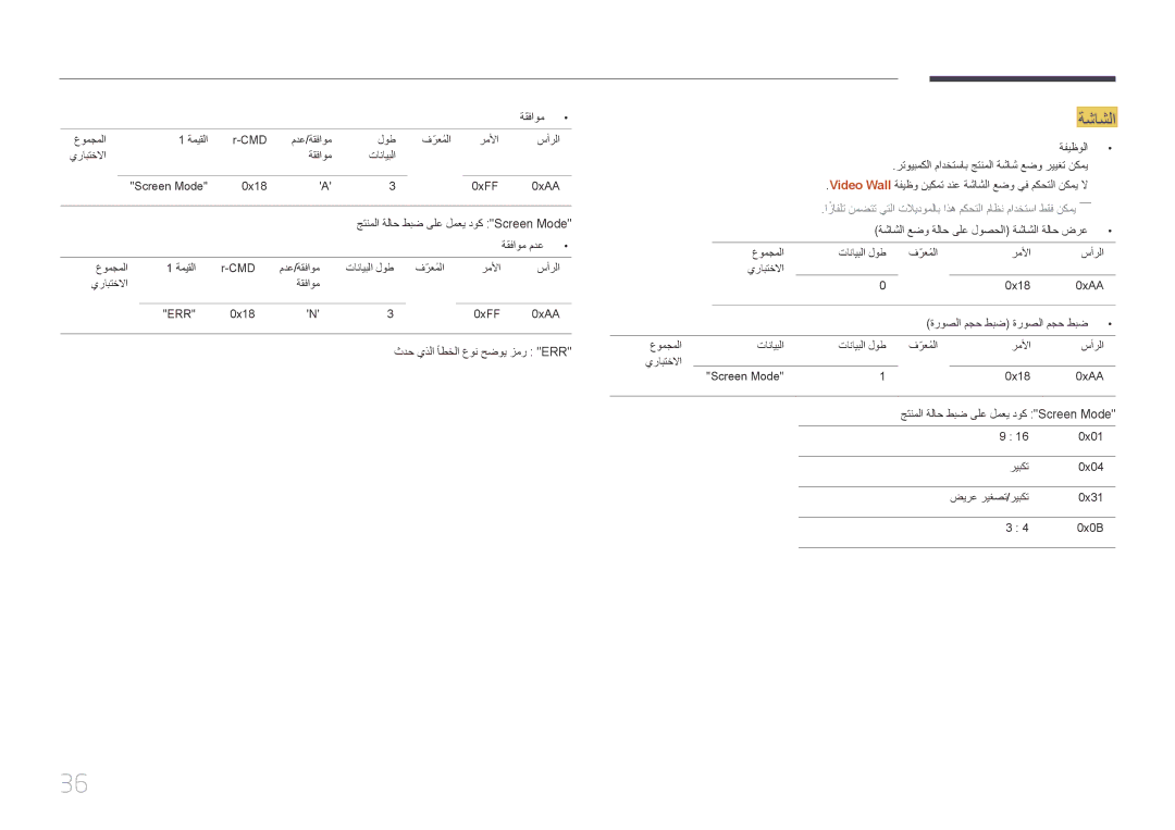 Samsung LH46UDCBLBB/NG manual ثدح يذلا أطخلا عون حضوي زمر Err, Video Wall ةفيظو نيكمت دنع ةشاشلا عضو يف مكحتلا نكمي لا 