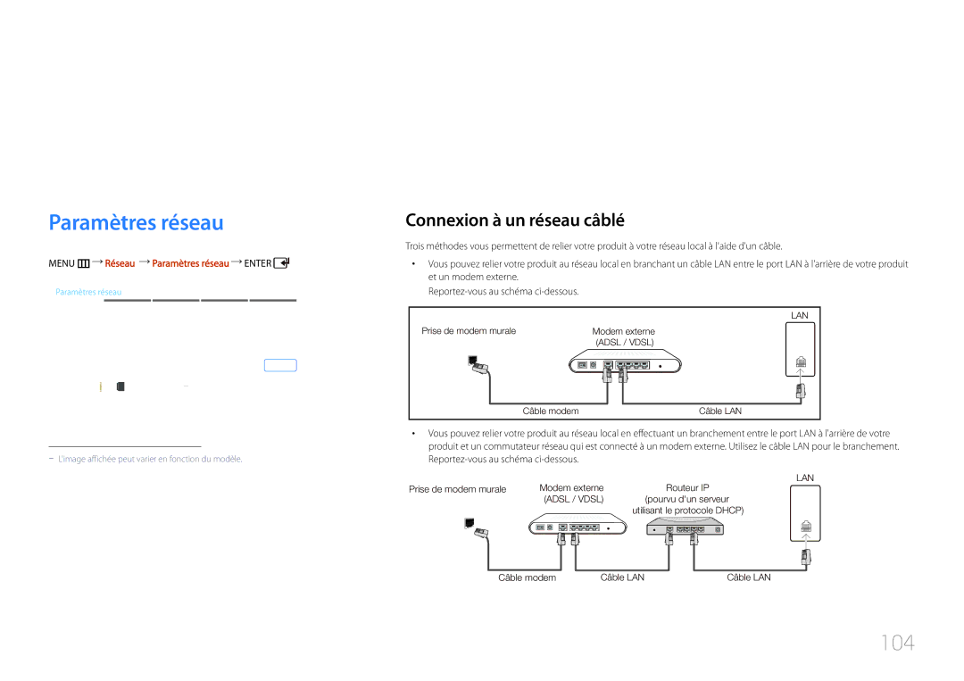 Samsung LH46UDCPLBB/EN, LH55UDCPLBB/EN 104, Connexion à un réseau câblé, Menu m Réseau Paramètres réseau Enter 