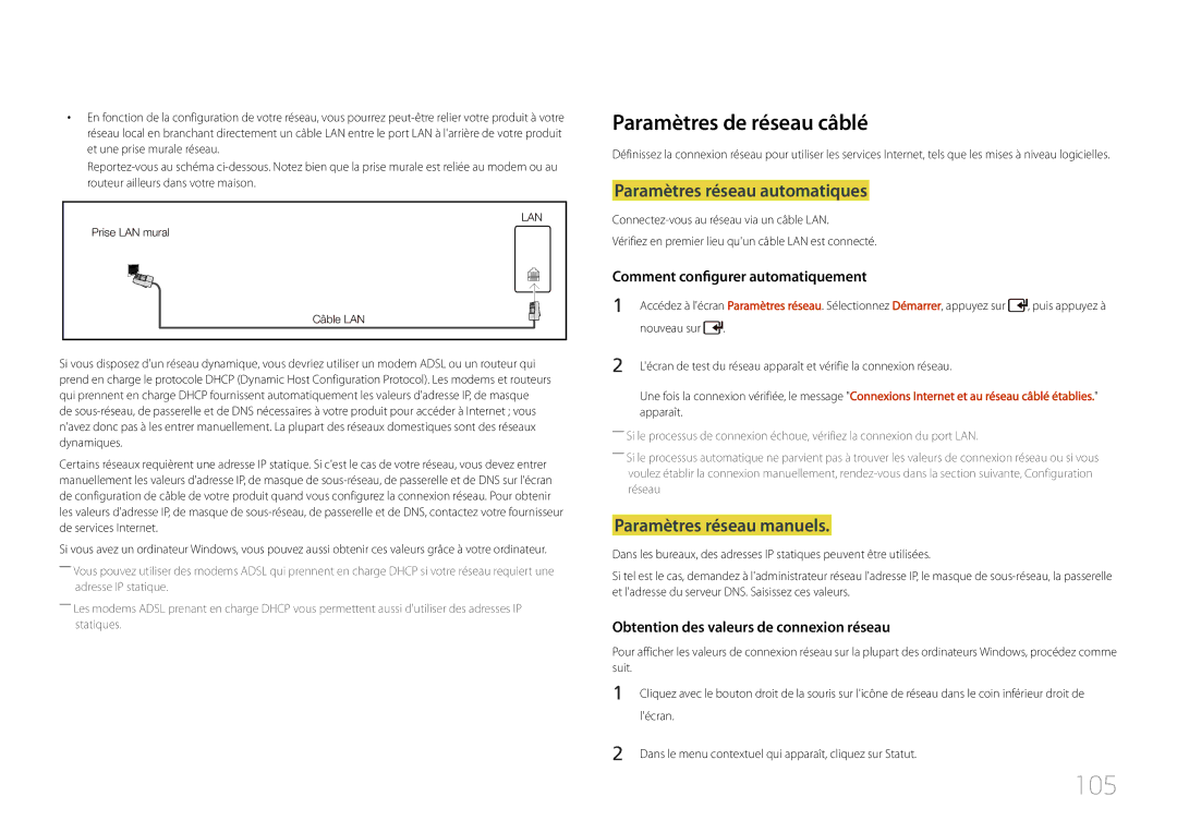 Samsung LH55UDCPLBB/EN manual 105, Paramètres de réseau câblé, Paramètres réseau automatiques, Paramètres réseau manuels 