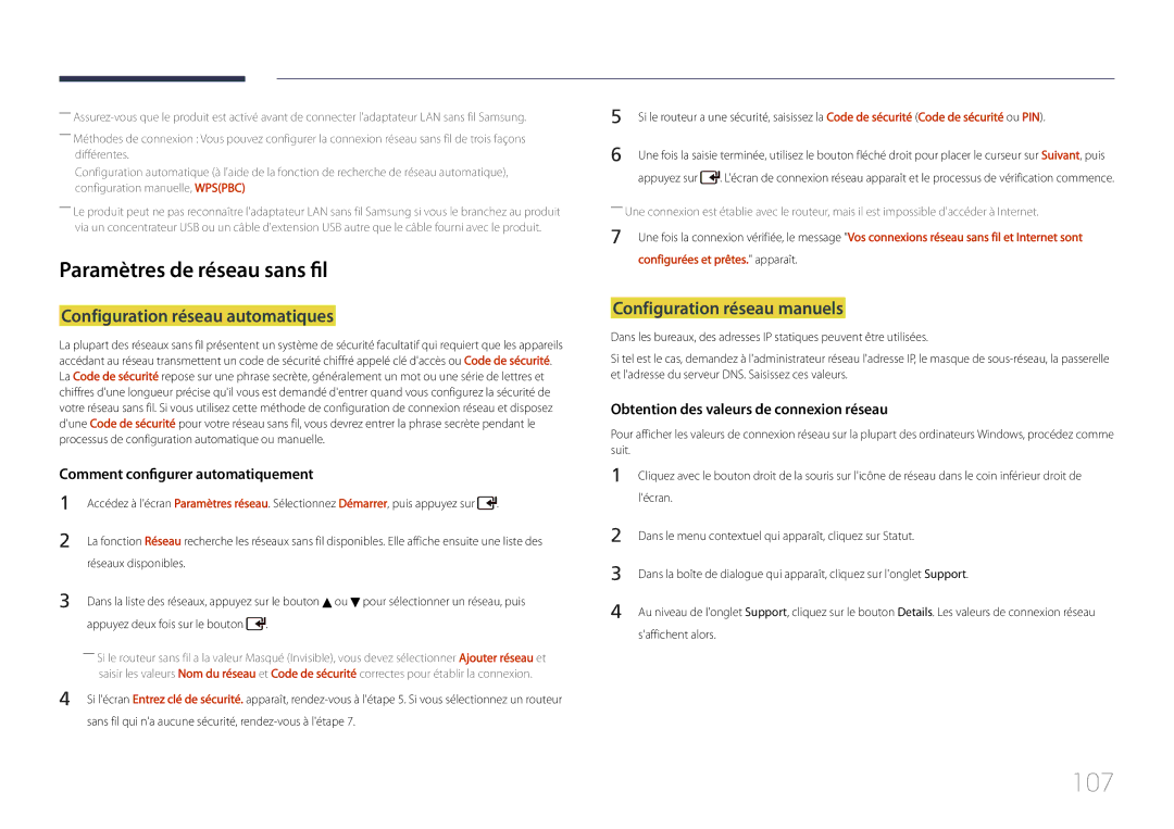 Samsung LH55UDCPLBB/EN 107, Paramètres de réseau sans fil, Configuration réseau automatiques, Configuration réseau manuels 