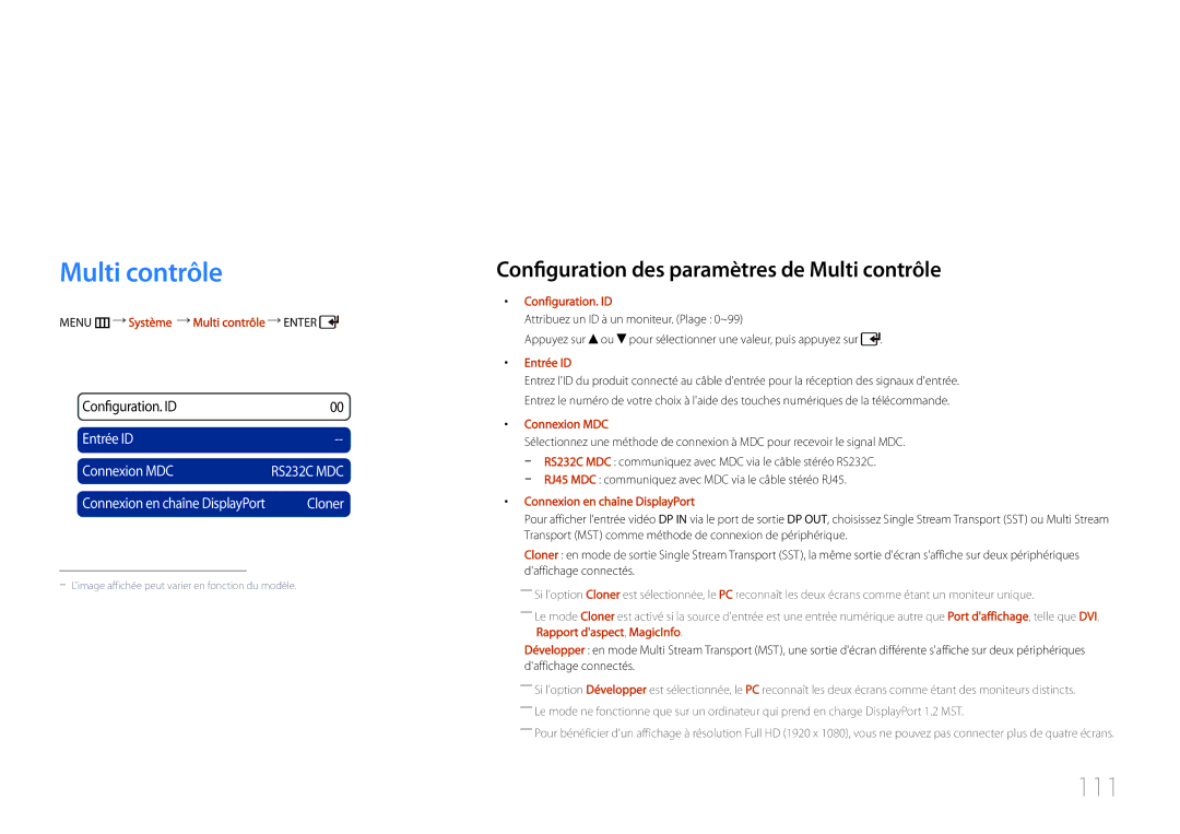 Samsung LH55UDCPLBB/EN manual Système, Multi contrôle, 111, RJ45 MDC communiquez avec MDC via le câble stéréo RJ45 