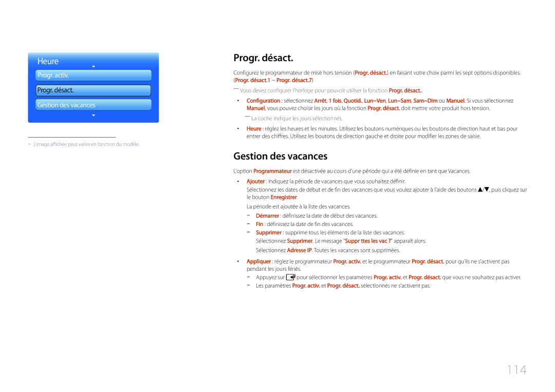Samsung LH46UDCPLBB/EN, LH55UDCPLBB/EN manual 114, Progr. désact, Gestion des vacances 