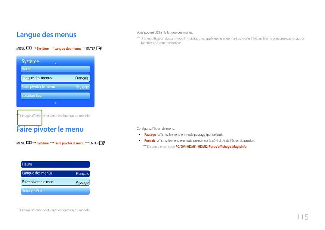 Samsung LH55UDCPLBB/EN, LH46UDCPLBB/EN manual Faire pivoter le menu, 115, Menu m Système Langue des menus Enter 