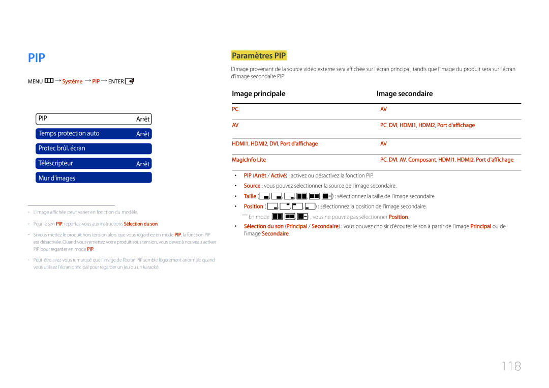 Samsung LH46UDCPLBB/EN, LH55UDCPLBB/EN manual 118, Paramètres PIP, Image principale Image secondaire 