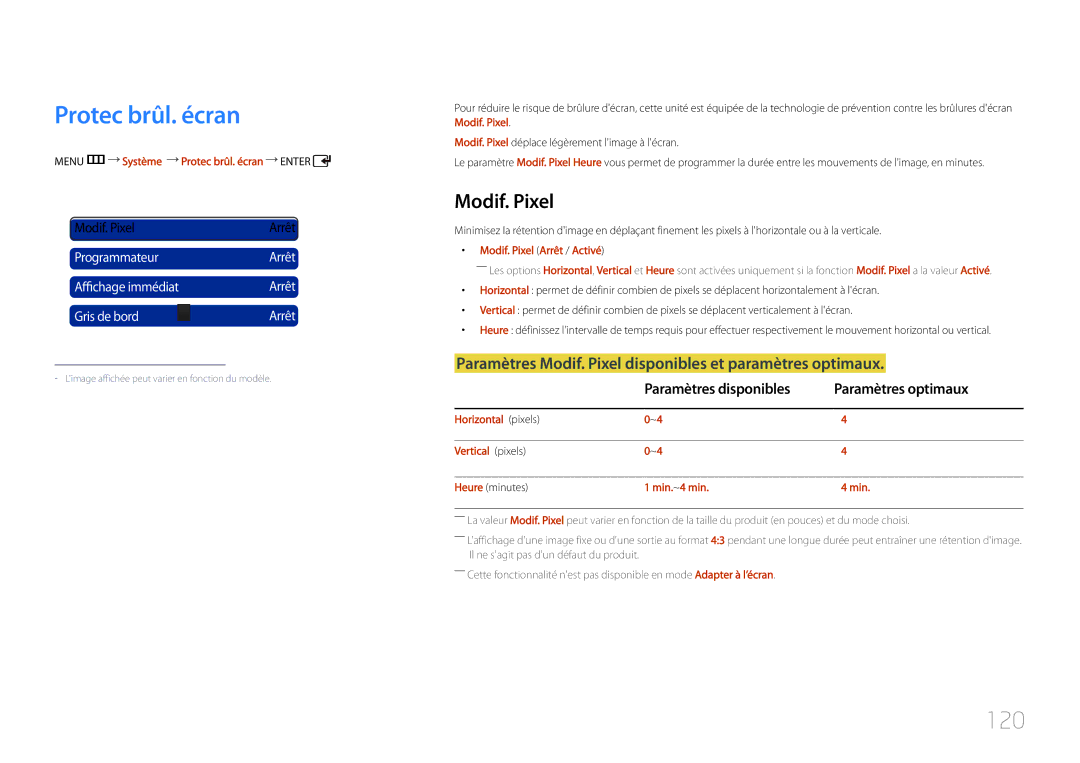Samsung LH46UDCPLBB/EN manual Protec brûl. écran, 120, Paramètres Modif. Pixel disponibles et paramètres optimaux 