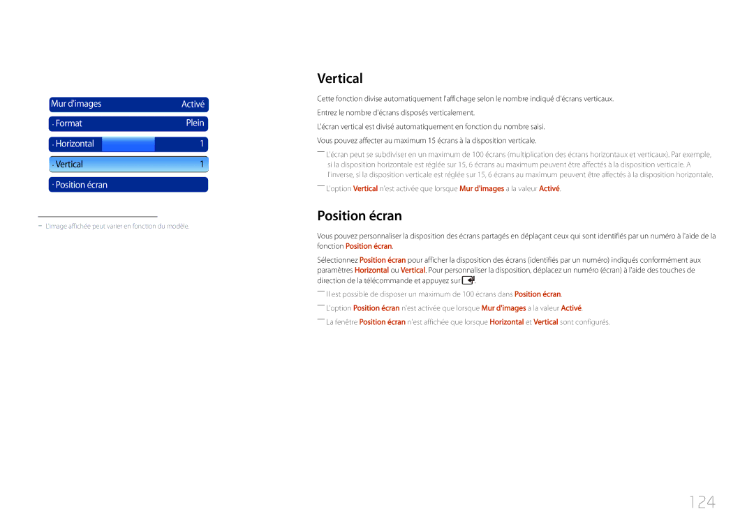 Samsung LH46UDCPLBB/EN, LH55UDCPLBB/EN manual 124, Vertical, Position écran 