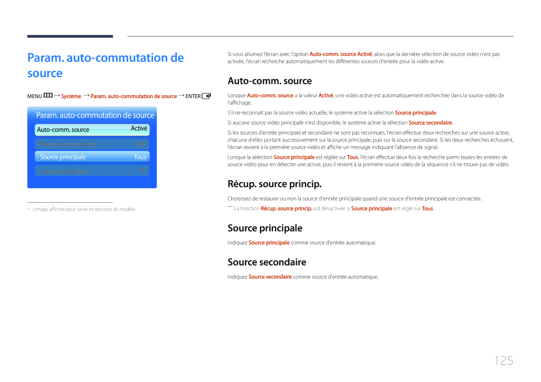 Samsung LH55UDCPLBB/EN, LH46UDCPLBB/EN 125, Auto-comm. source, Récup. source princip, Source principale, Source secondaire 