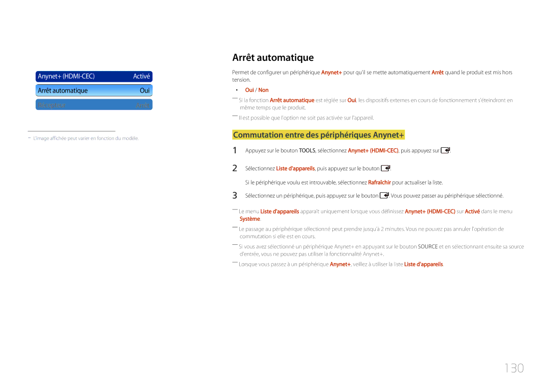 Samsung LH46UDCPLBB/EN, LH55UDCPLBB/EN manual 130, Arrêt automatique, Commutation entre des périphériques Anynet+, Oui / Non 