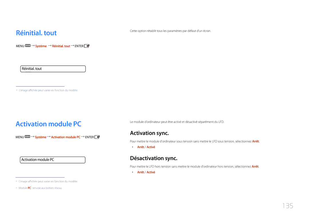 Samsung LH55UDCPLBB/EN, LH46UDCPLBB/EN Réinitial. tout, Activation module PC, 135, Activation sync, Désactivation sync 