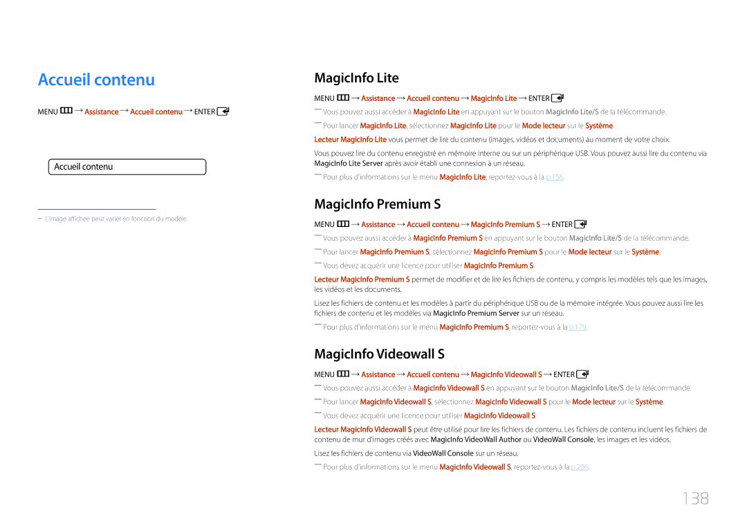 Samsung LH46UDCPLBB/EN, LH55UDCPLBB/EN Accueil contenu, 138, MagicInfo Lite, MagicInfo Premium S, MagicInfo Videowall S 